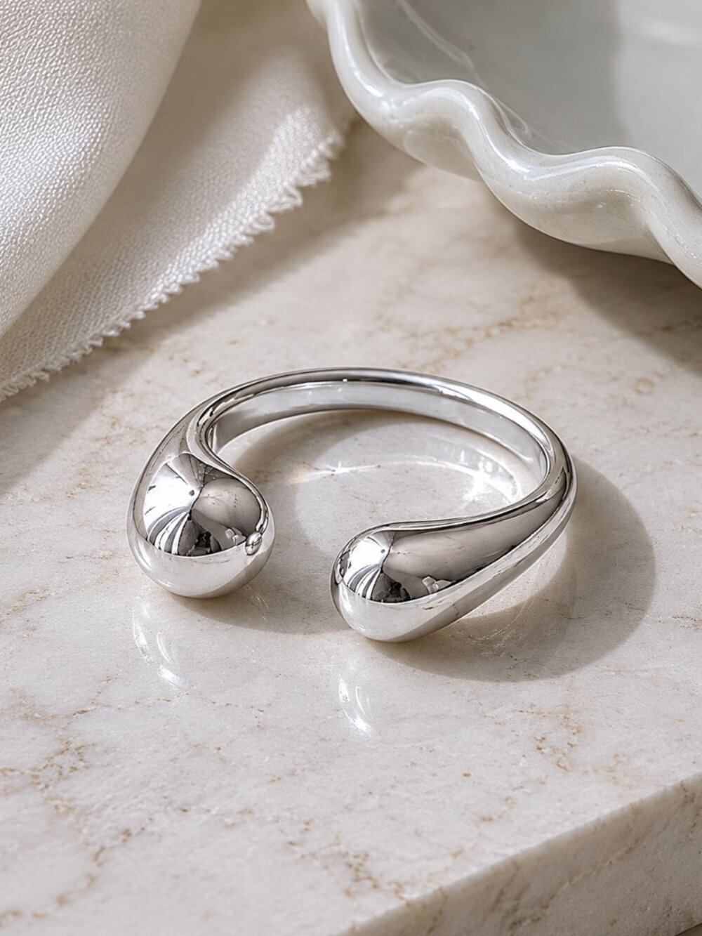 Silver Open Dome Ring Teardrop Ball Ends Adjustable Chunky Statement Minimalist